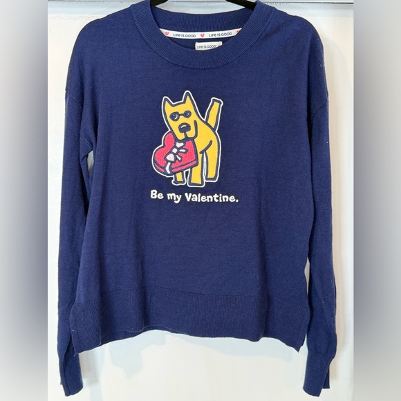 Life Is Good Navy Sweater with “Be My Valentine” Dog Graphic - Picture 2 of 6